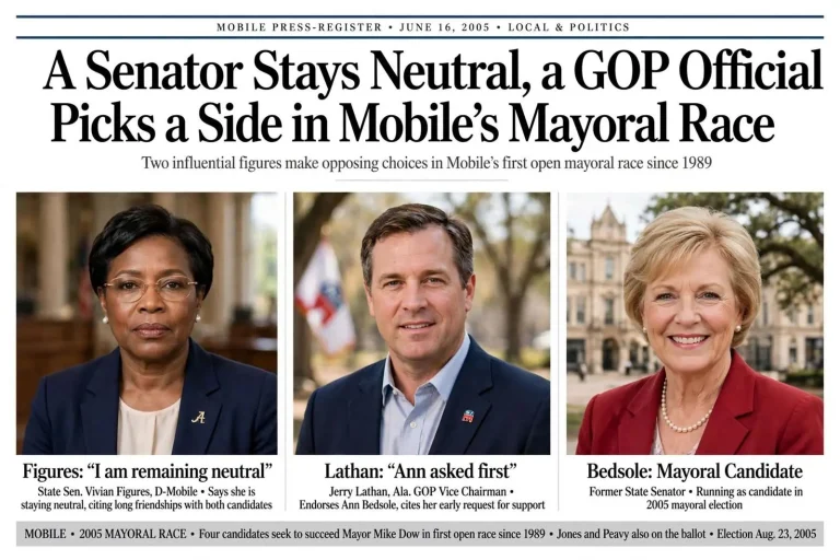 Illustration for the news story: A Senator Stays Neutral, a GOP Official Picks a Side in Mobile’s Mayoral Race
