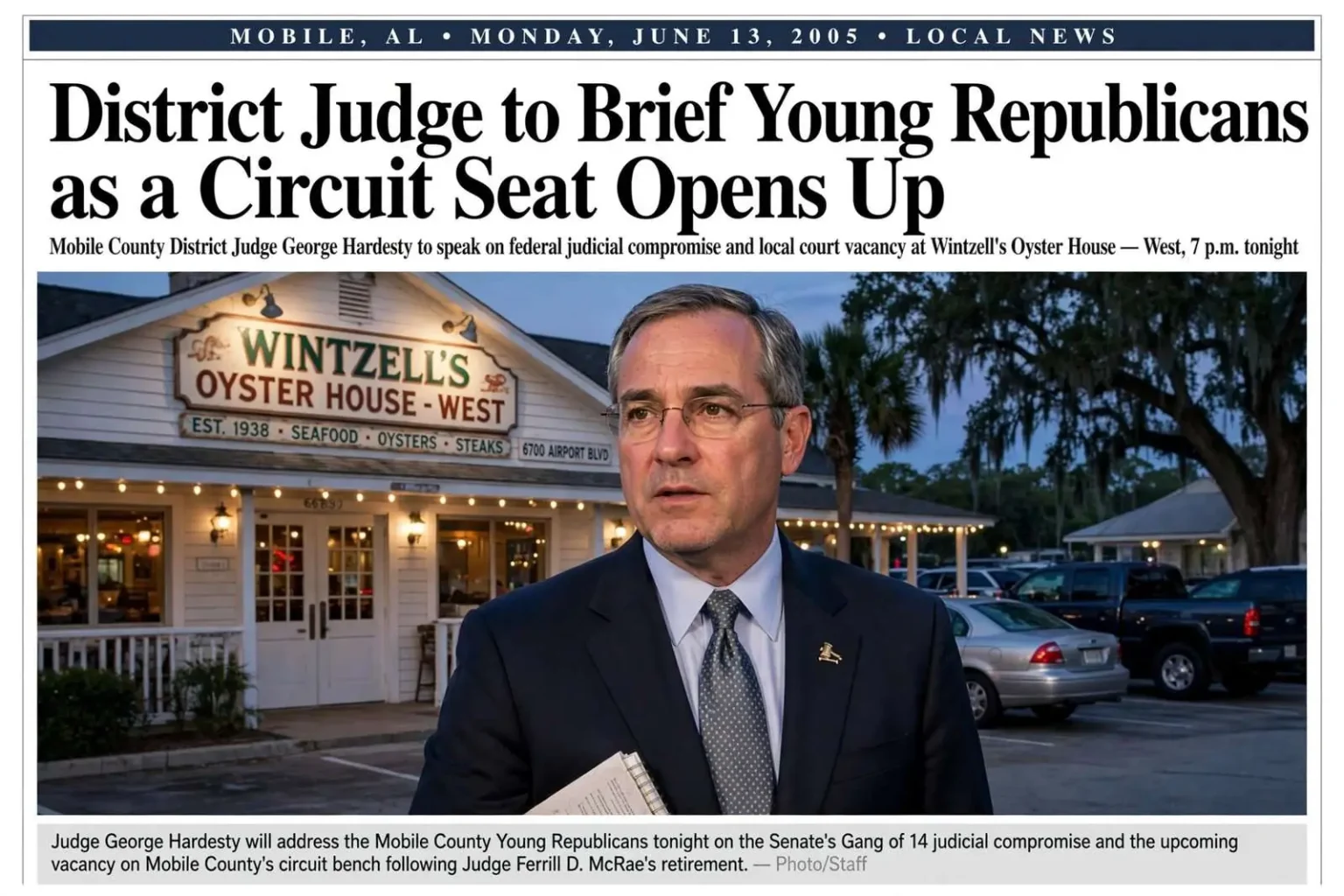 Illustration for the news story: District Judge to Brief Young Republicans as a Circuit Seat Opens Up