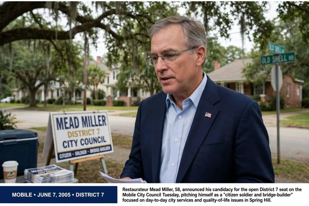 Illustration for the news story: Restaurateur Mead Miller Enters the Race for Mobile’s Open Council Seat