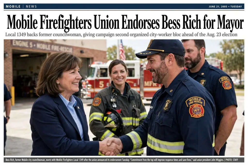 Illustration for the news story: Mobile Firefighters Union Endorses Bess Rich for Mayor