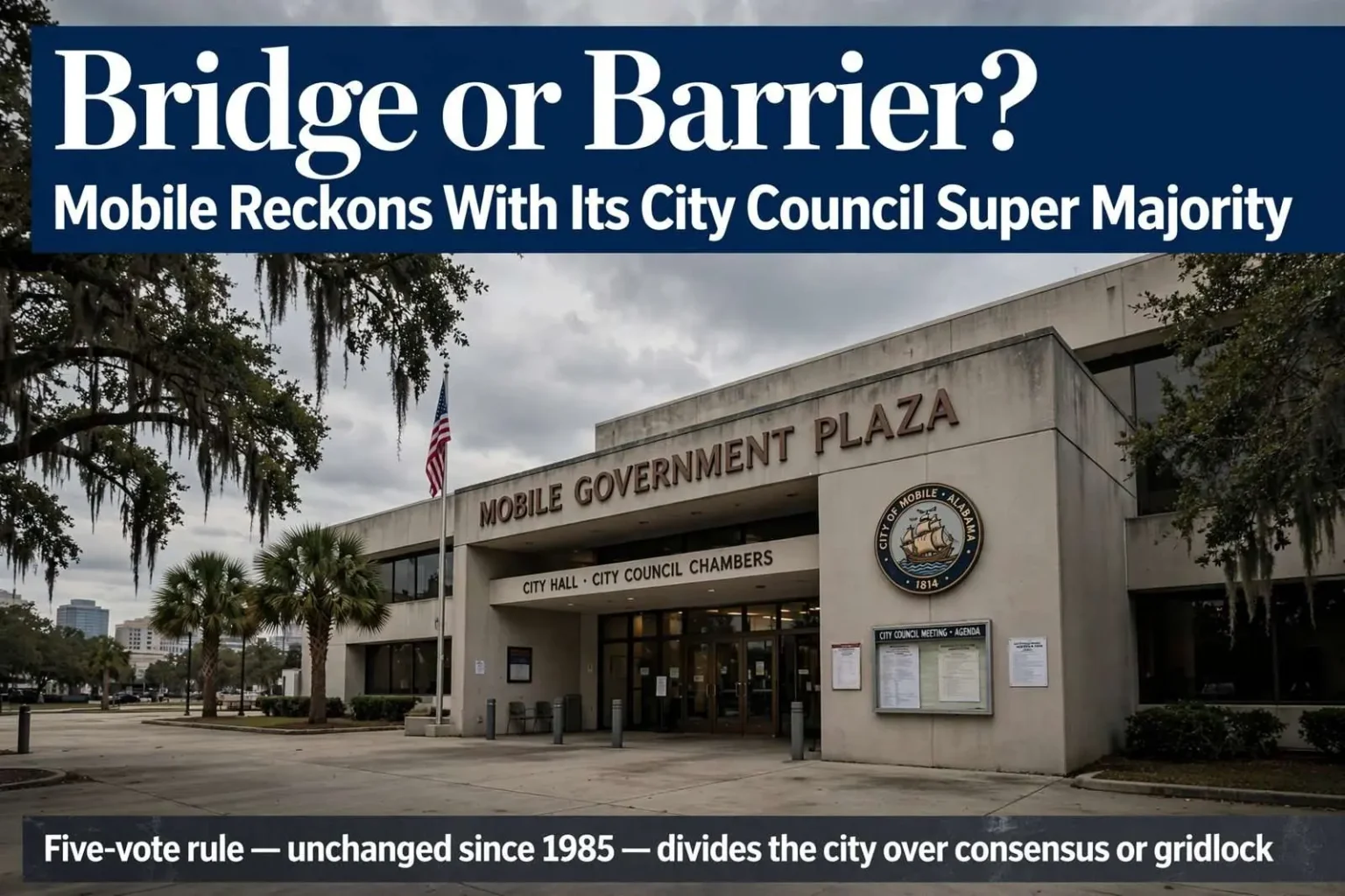 Illustration for the news story: Bridge or Barrier? Mobile Reckons With Its City Council Super Majority