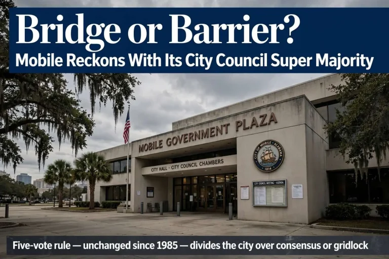 Illustration for the news story: Bridge or Barrier? Mobile Reckons With Its City Council Super Majority