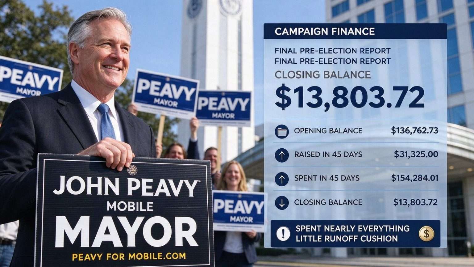 Illustration for the news story: Peavy Enters Election Week With $13,800 in Campaign Account