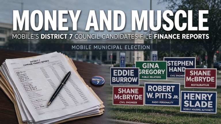 Illustration for the news story: Money and Muscle: Mobile’s District 7 Council Candidates File Finance Reports