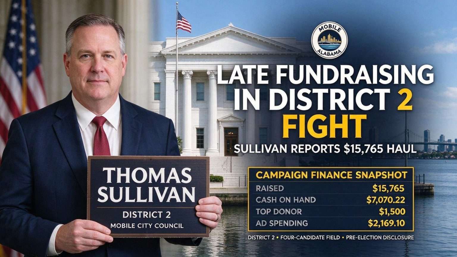 Illustration for the news story: Councilman Thomas Sullivan Reports Late Fundraising in District 2 Fight
