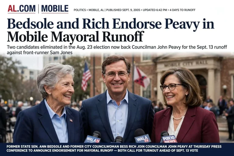 Illustration for the news story: Bedsole and Rich Endorse Peavy in Mobile Mayoral Runoff