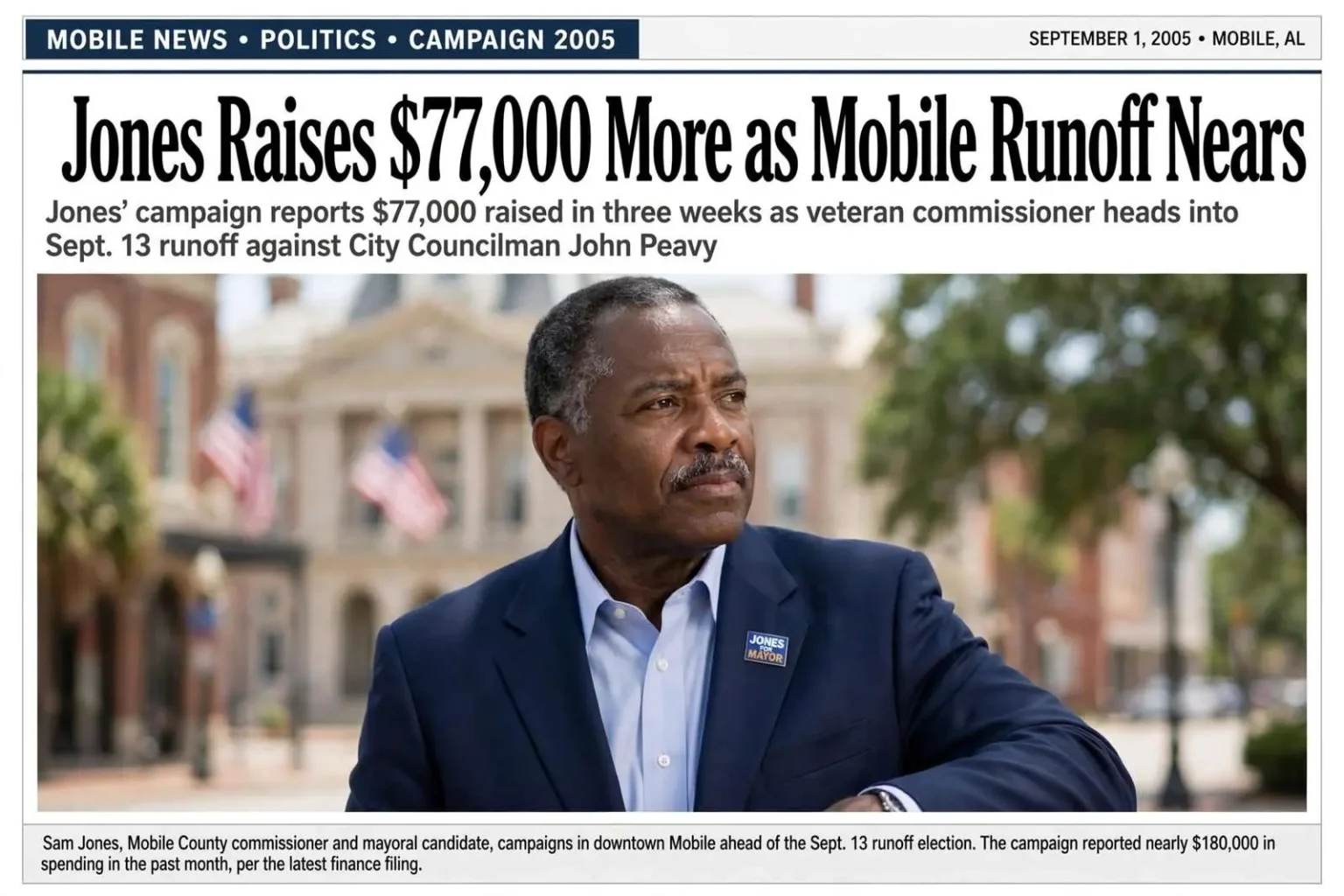 Illustration for the news story: Jones Raises $77,000 More as Mobile Runoff Nears