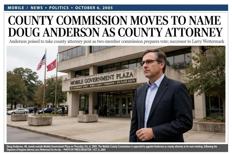 Illustration for the news story: Mobile County Commission Moved to Name Doug Anderson as County Attorney