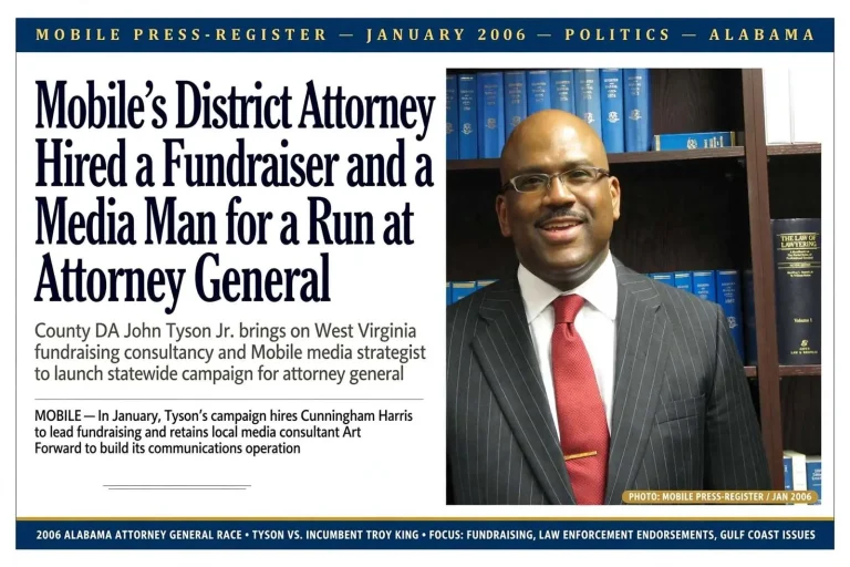 Illustration for the news story: Mobile’s District Attorney Hired a Fundraiser and a Media Man for a Run at Attorney General