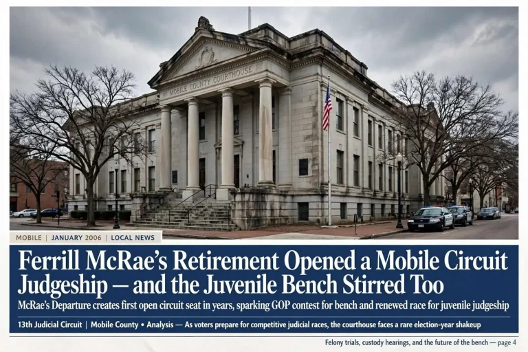 Illustration for the news story: Ferrill McRae’s Retirement Opened a Mobile Circuit Judgeship — and the Juvenile Bench Stirred Too