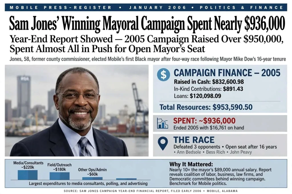 Illustration for the news story: Sam Jones’ Winning Mayoral Campaign Spent Nearly $936,000, Year-End Report Showed