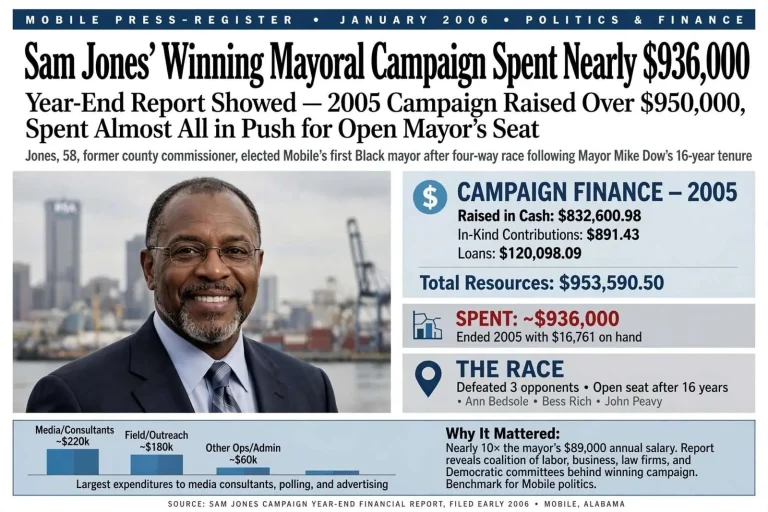 Illustration for the news story: Sam Jones’ Winning Mayoral Campaign Spent Nearly $936,000, Year-End Report Showed
