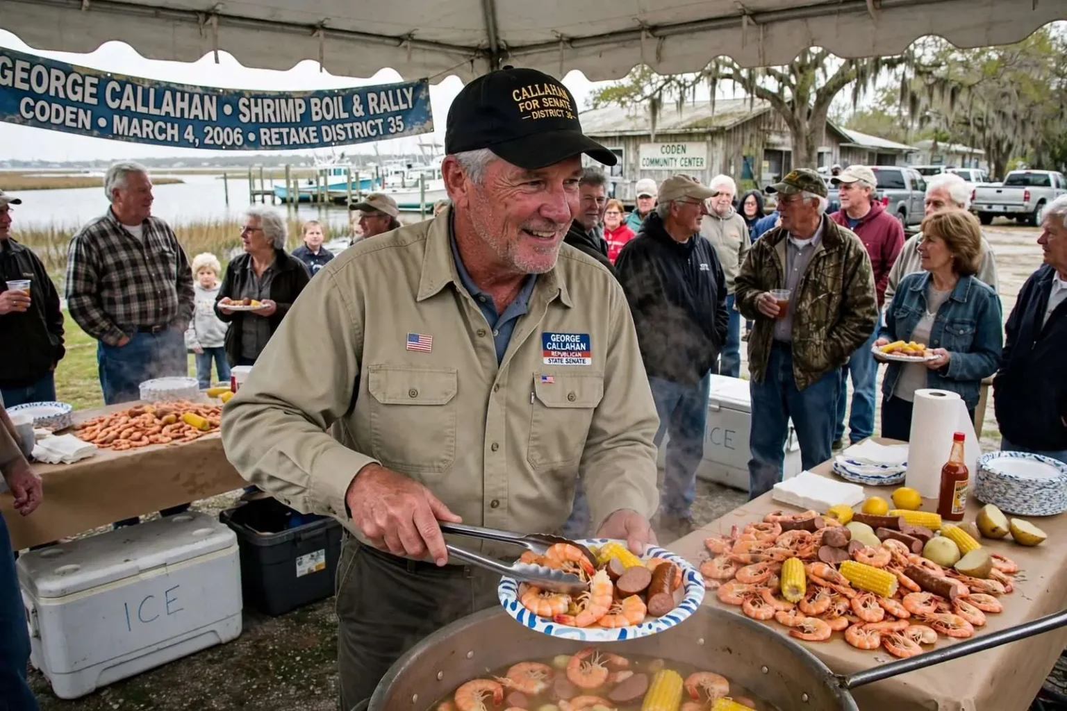 Illustration for the news story: George Callahan Launched a Shrimp-Boil Campaign to Retake His South Mobile County Senate Seat