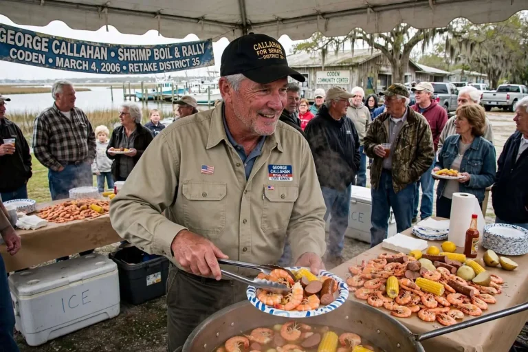 Illustration for the news story: George Callahan Launched a Shrimp-Boil Campaign to Retake His South Mobile County Senate Seat