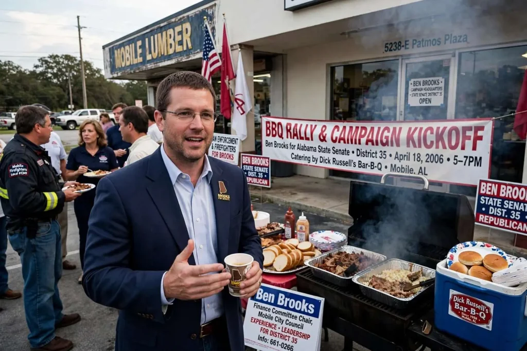 Illustration for the news story: Ben Brooks Set a Barbecue Rally on Highway 90 to Launch His State Senate Campaign