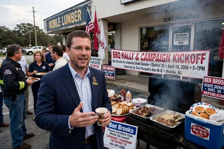Illustration for the news story: Ben Brooks Set a Barbecue Rally on Highway 90 to Launch His State Senate Campaign