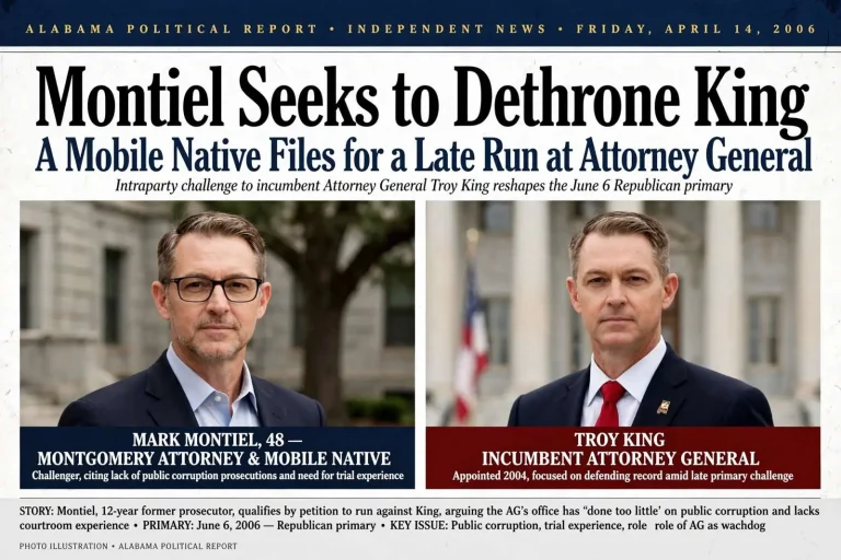 Illustration for the news story: Montiel Seeks to Dethrone King: A Mobile Native Files for a Late Run at Attorney General