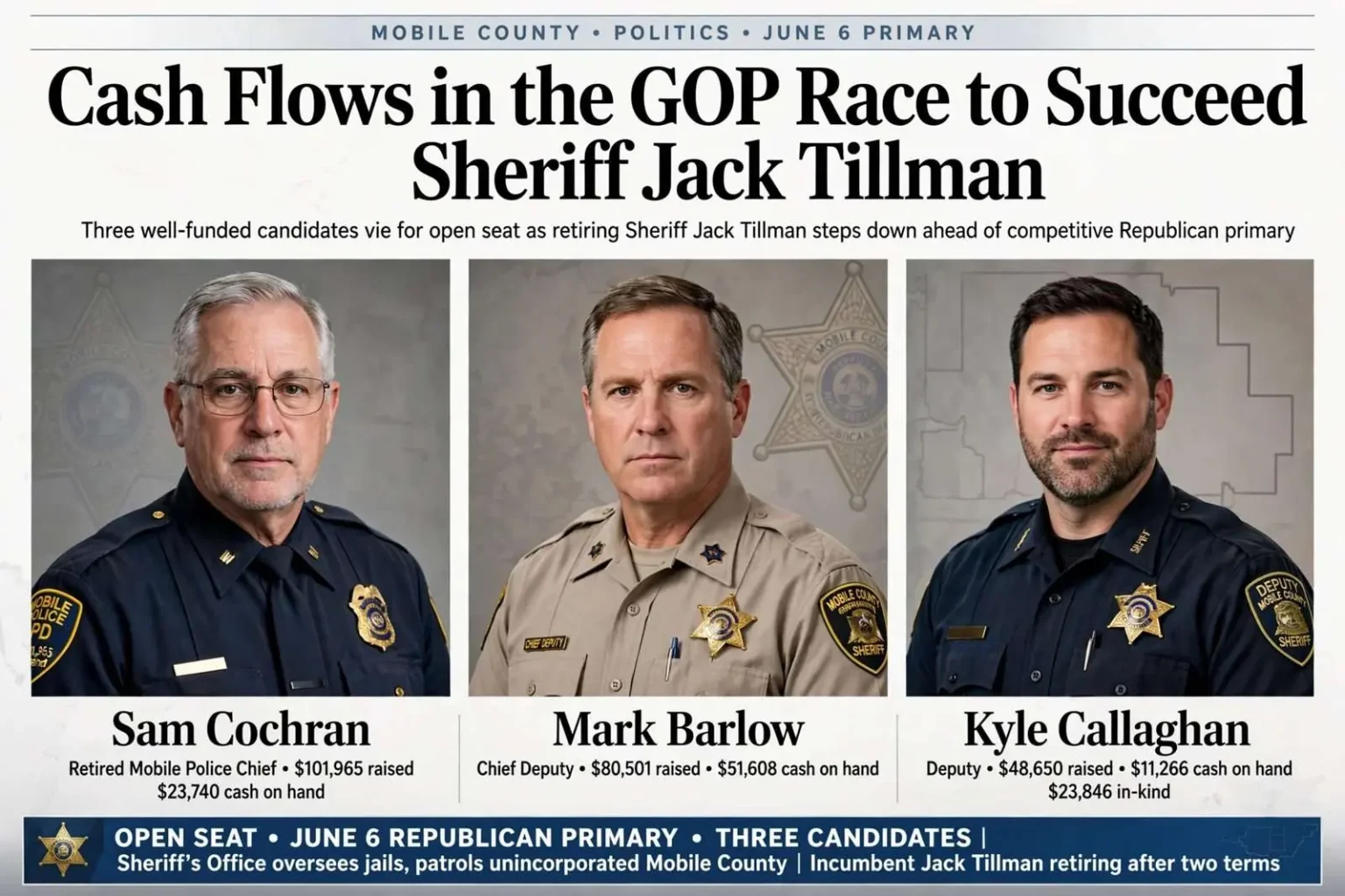 Illustration for the news story: Cash Flows in the GOP Race to Succeed Sheriff Jack Tillman