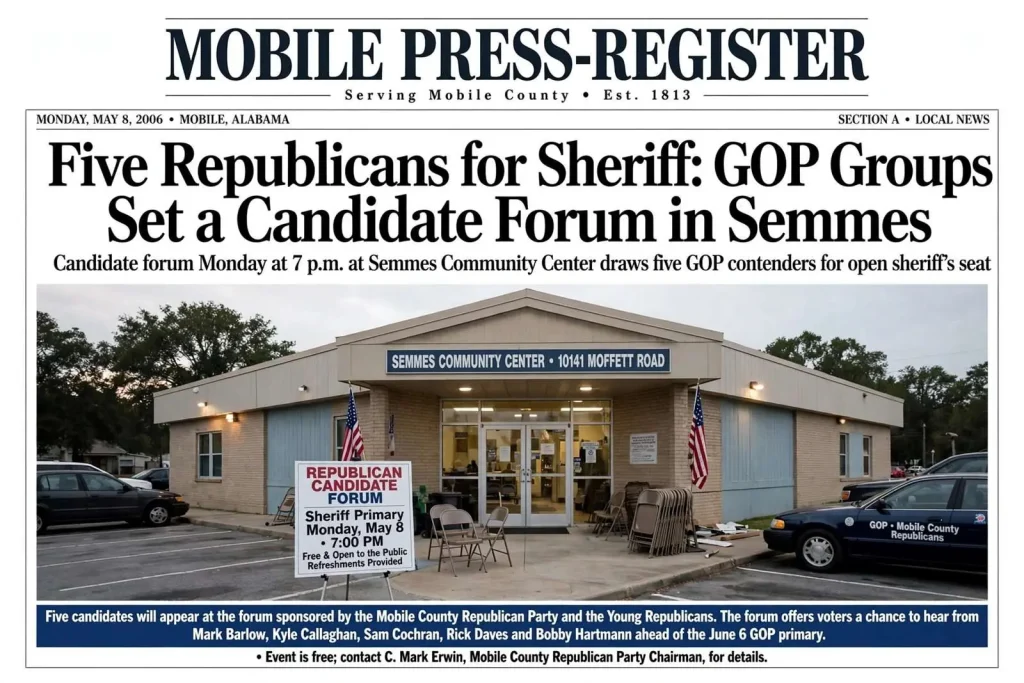 Illustration for the news story: Five Republicans for Sheriff: GOP Groups Set a Candidate Forum in Semmes
