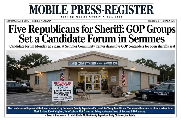 Illustration for the news story: Five Republicans for Sheriff: GOP Groups Set a Candidate Forum in Semmes