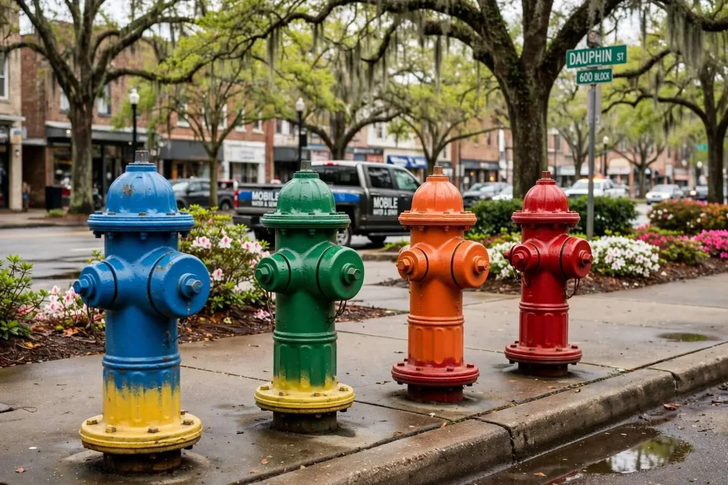 Illustration for the news story: Why Mobile’s Fire Hydrants Wear Different Colored Hats