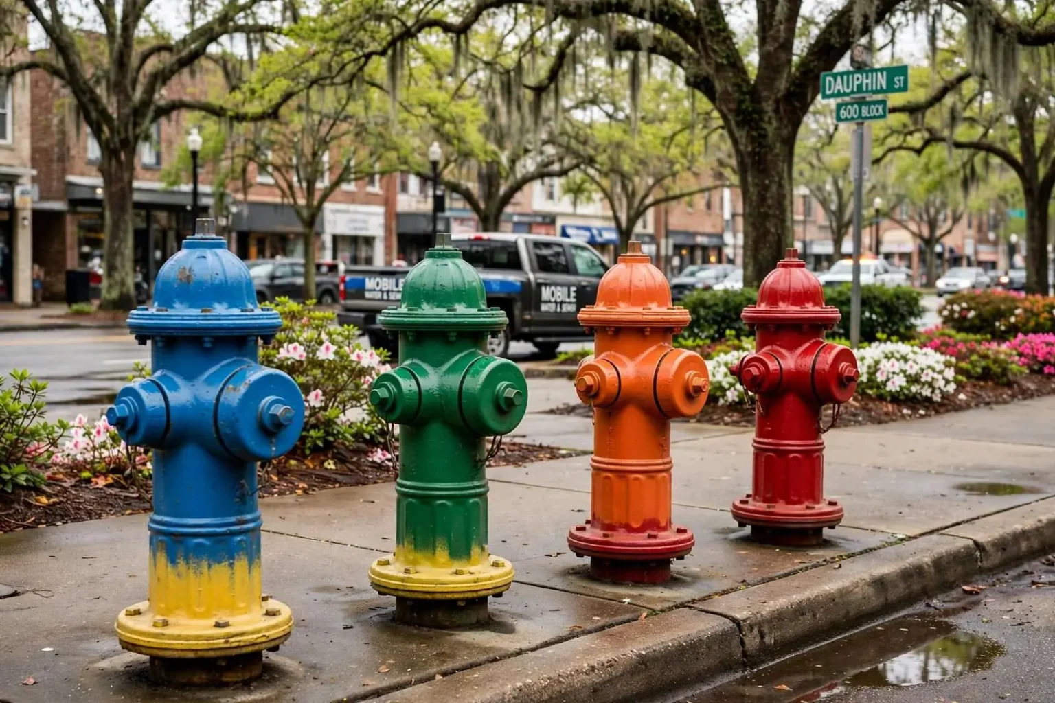 Illustration for the news story: Why Mobile’s Fire Hydrants Wear Different Colored Hats