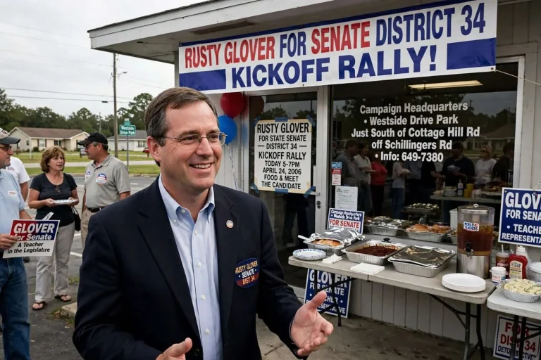 Illustration for the news story: Rusty Glover Opened His District 34 Senate Bid at a Semmes-Area Headquarters
