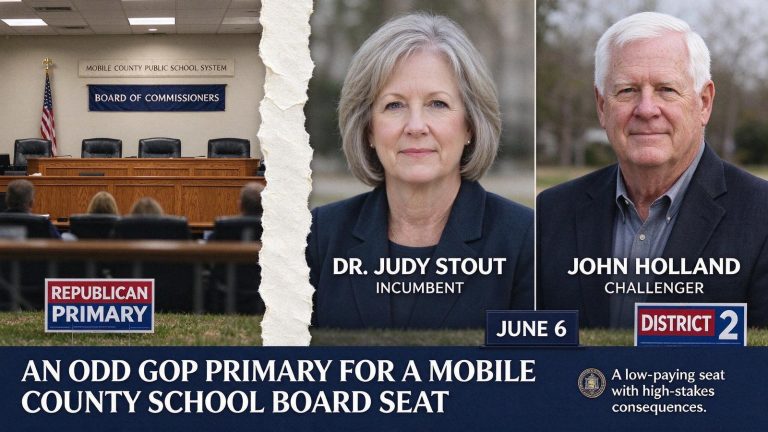 Illustration for the news story: An Odd GOP Primary for a Mobile County School Board Seat