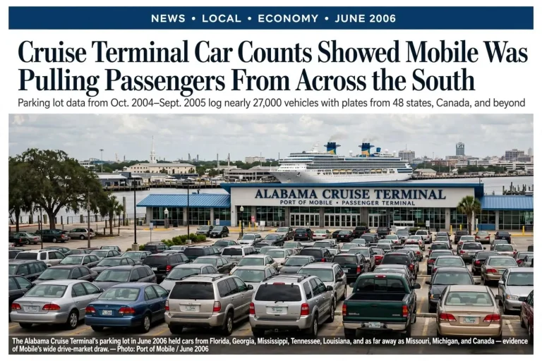 Illustration for the news story: Cruise Terminal Car Counts Showed Mobile Was Pulling Passengers From Across the South