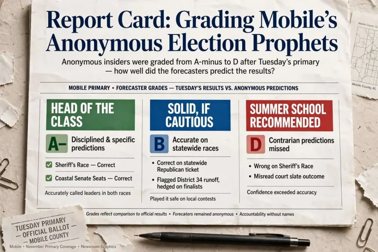 Illustration for the news story: Report Card: Grading Mobile’s Anonymous Election Prophets