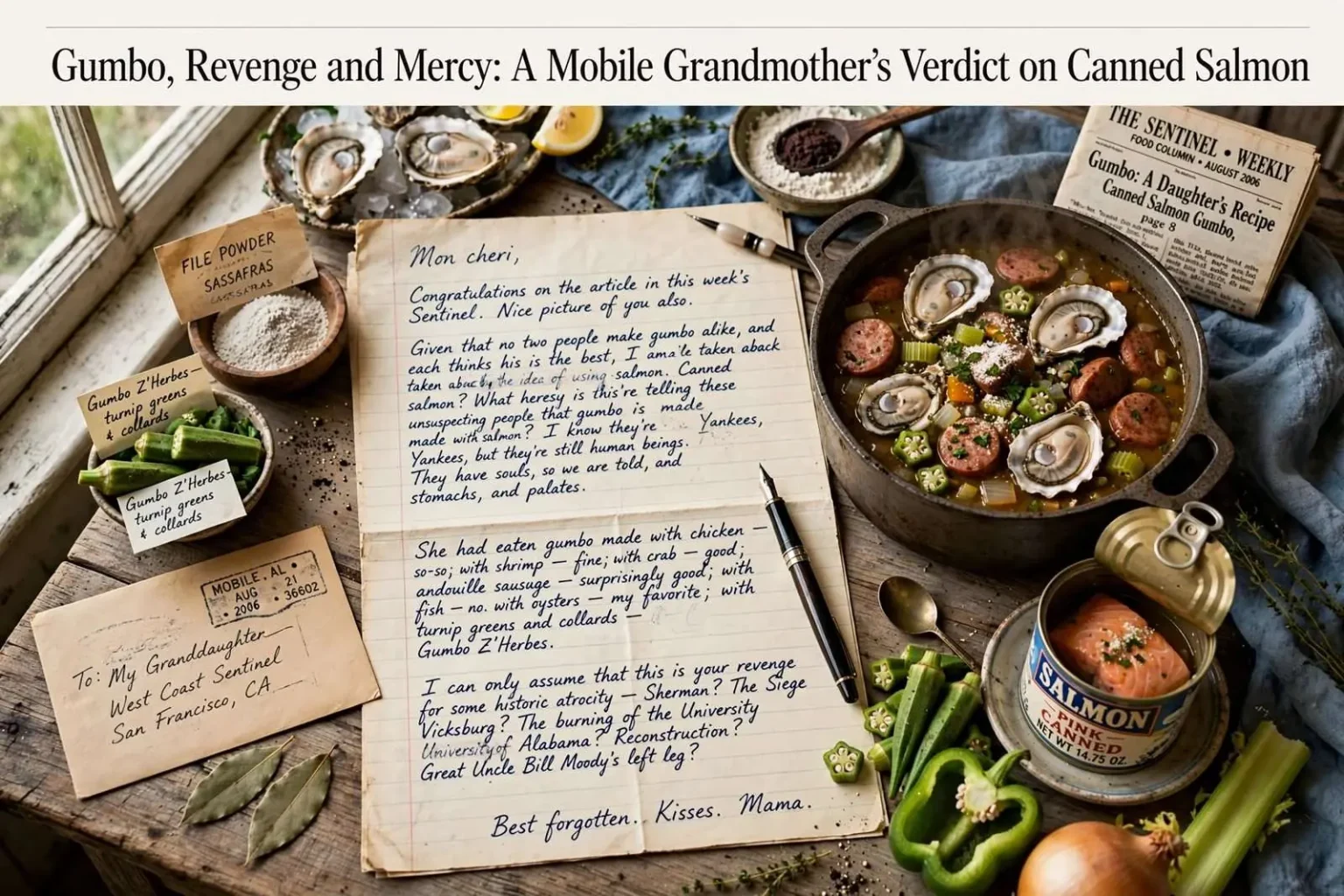 Illustration for the news story: Gumbo, Revenge and Mercy: A Mobile Grandmother’s Verdict on Canned Salmon