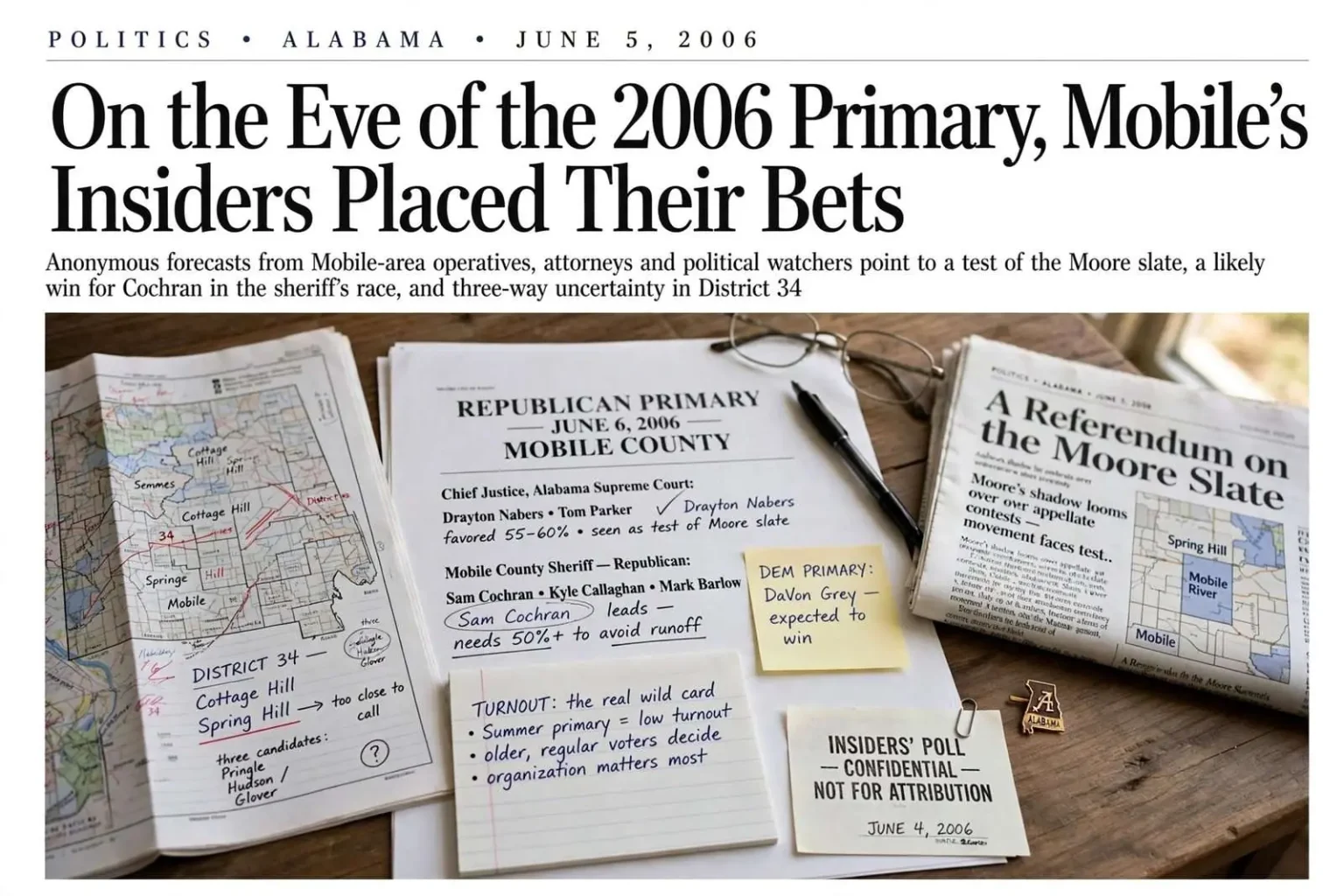 Illustration for the news story: On the Eve of the 2006 Primary, Mobile’s Insiders Placed Their Bets