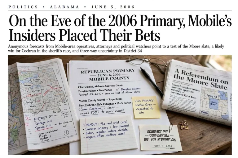 Illustration for the news story: On the Eve of the 2006 Primary, Mobile’s Insiders Placed Their Bets