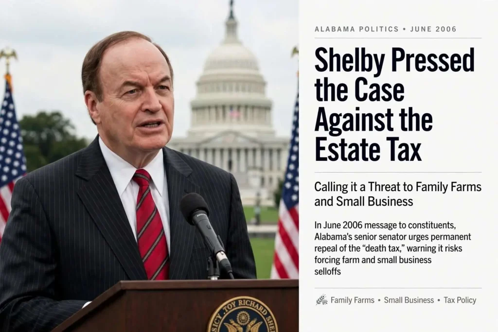 Illustration for the news story: Shelby Pressed the Case Against the Estate Tax, Calling It a Threat to Family Farms and Small Business