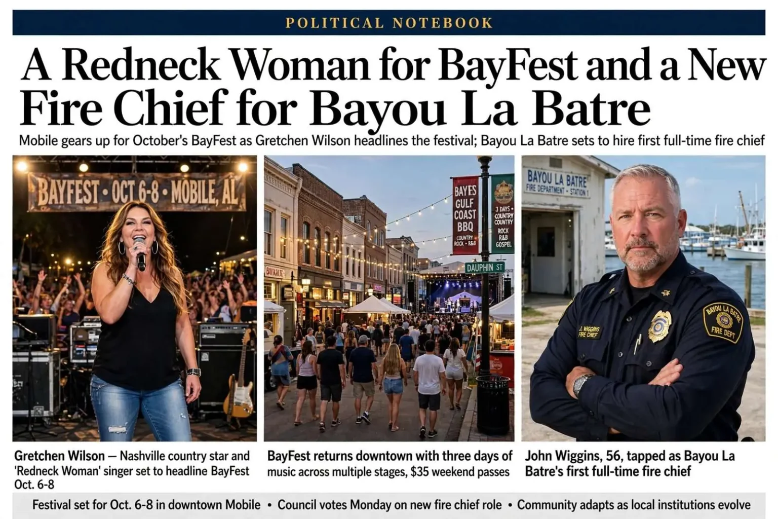 Illustration for the news story: Political Notebook: A Redneck Woman for BayFest and a New Fire Chief for Bayou La Batre
