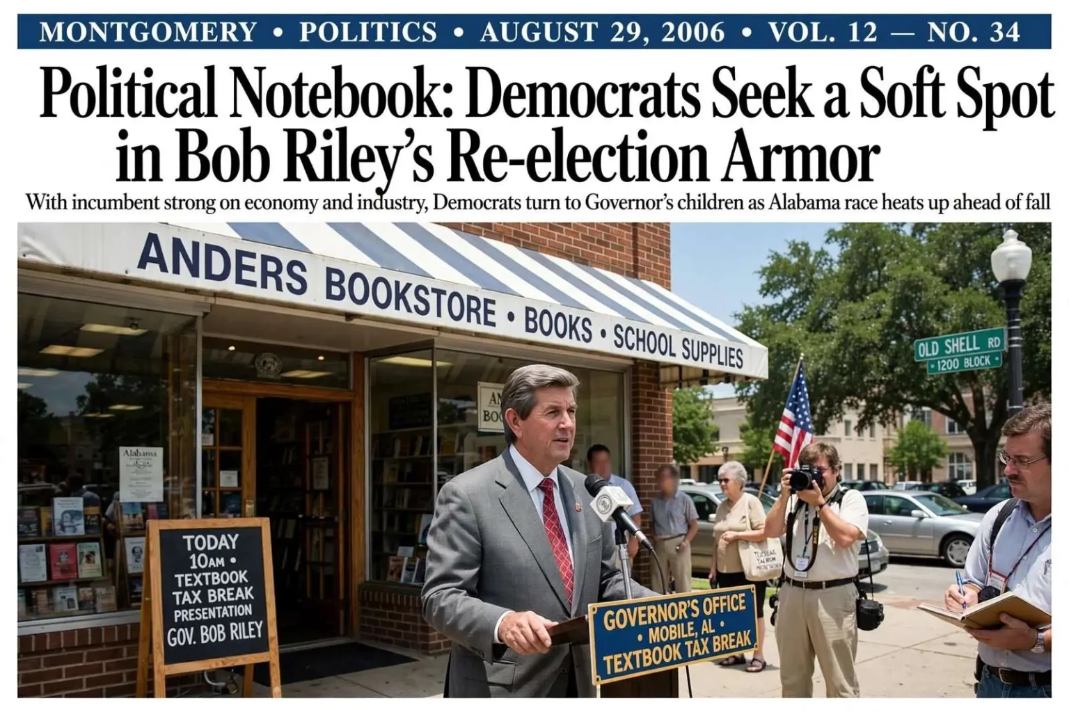 Illustration for the news story: Political Notebook: Democrats Seek a Soft Spot in Bob Riley’s Re-election Armor