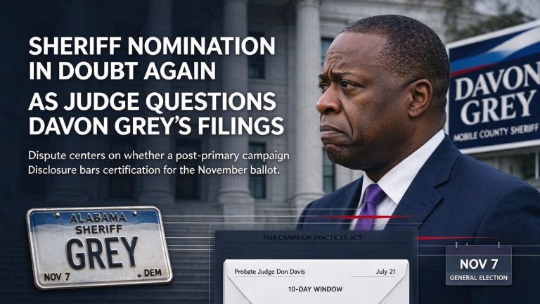 Illustration for the news story: Sheriff Nomination in Doubt Again as Judge Questions Davon Grey’s Filings