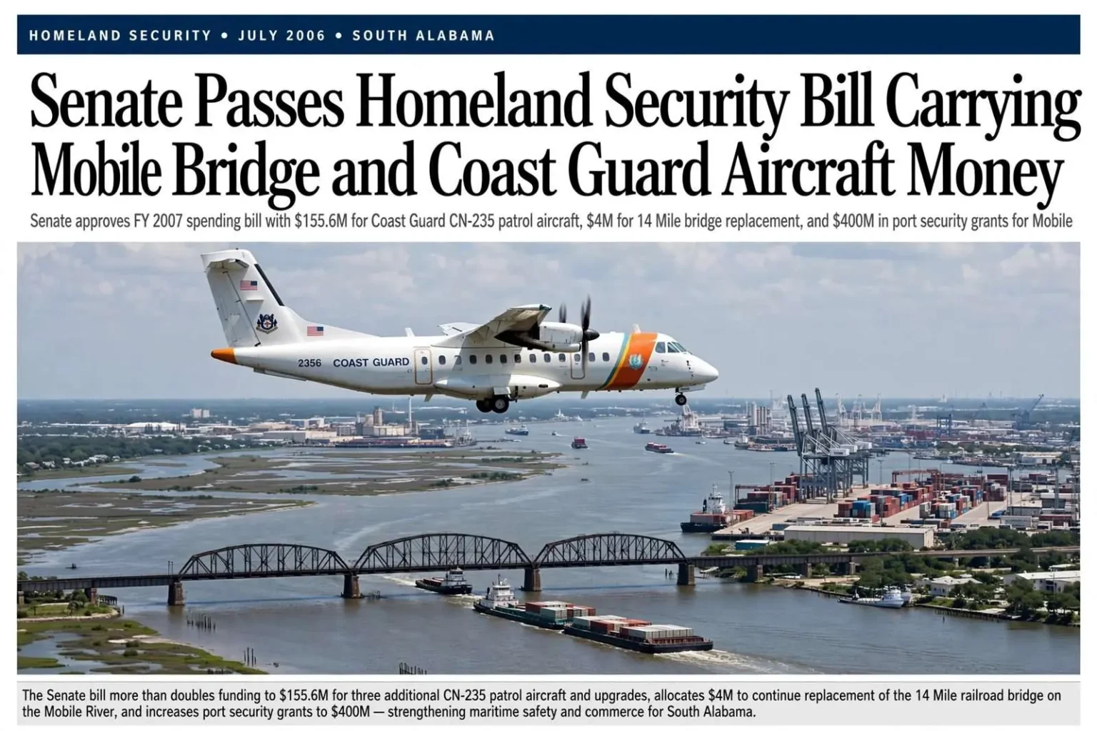 Illustration for the news story: Senate Passes Homeland Security Bill Carrying Mobile River Bridge and Coast Guard Aircraft Money