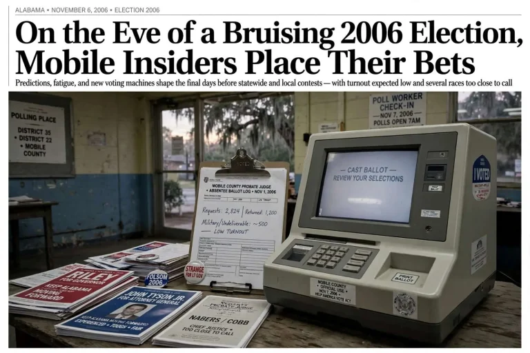 Illustration for the news story: On the Eve of a Bruising 2006 Election, Mobile Insiders Place Their Bets