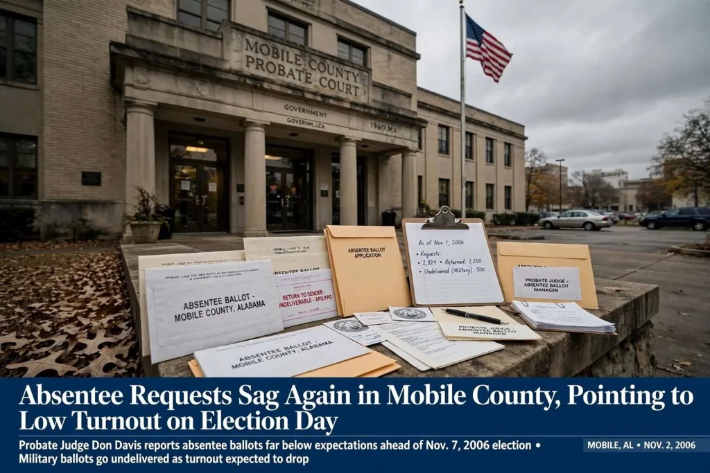 Illustration for the news story: Absentee Requests Sag Again in Mobile County, Pointing to Low Turnout on Election Day