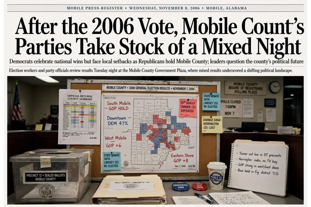 Illustration for the news story: After the 2006 Vote, Mobile County’s Parties Take Stock of a Mixed Night