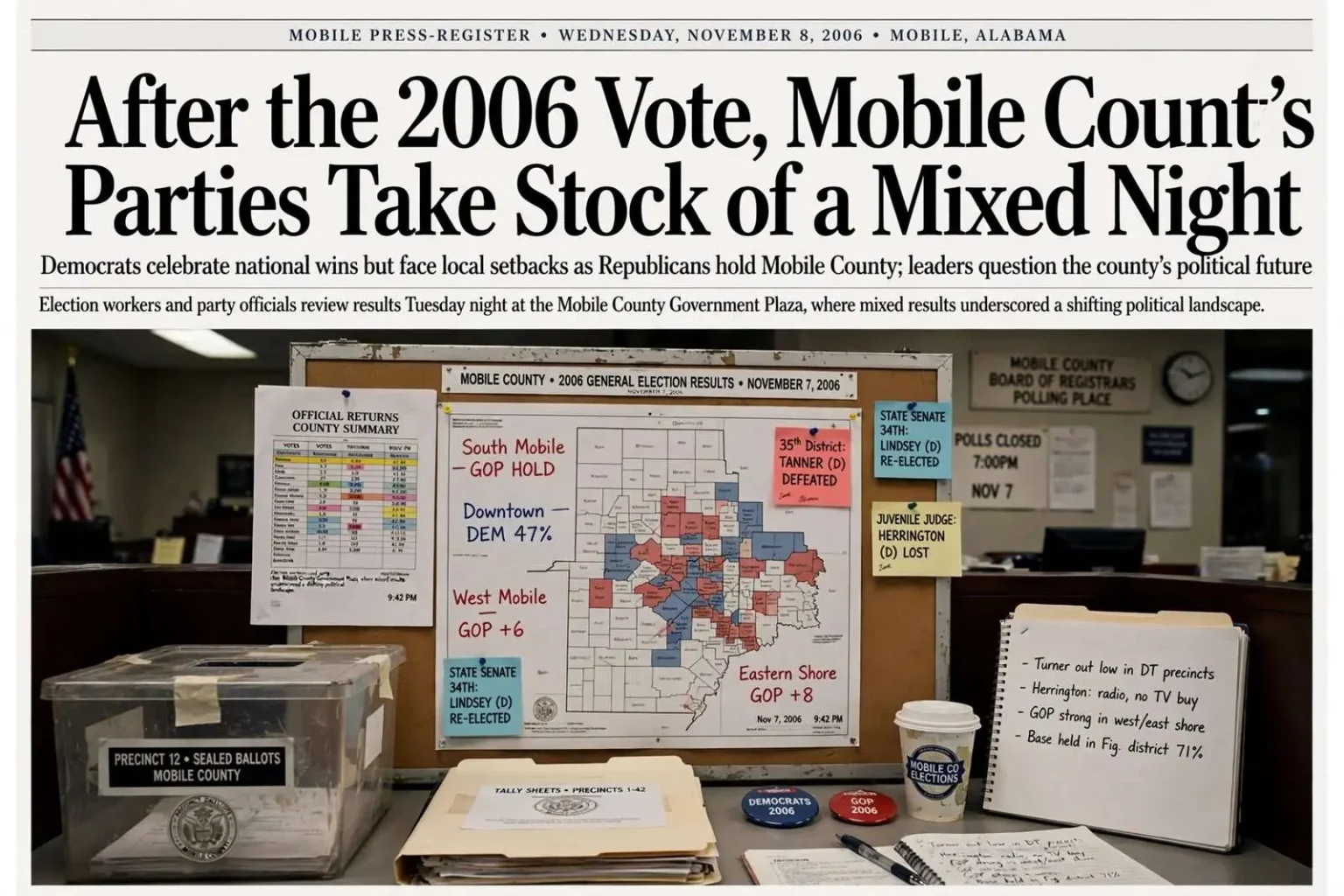 Illustration for the news story: After the 2006 Vote, Mobile County’s Parties Take Stock of a Mixed Night