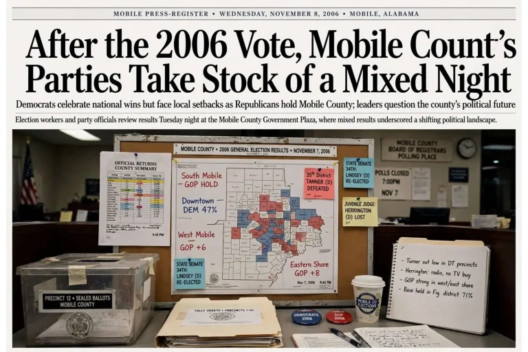 Illustration for the news story: After the 2006 Vote, Mobile County’s Parties Take Stock of a Mixed Night