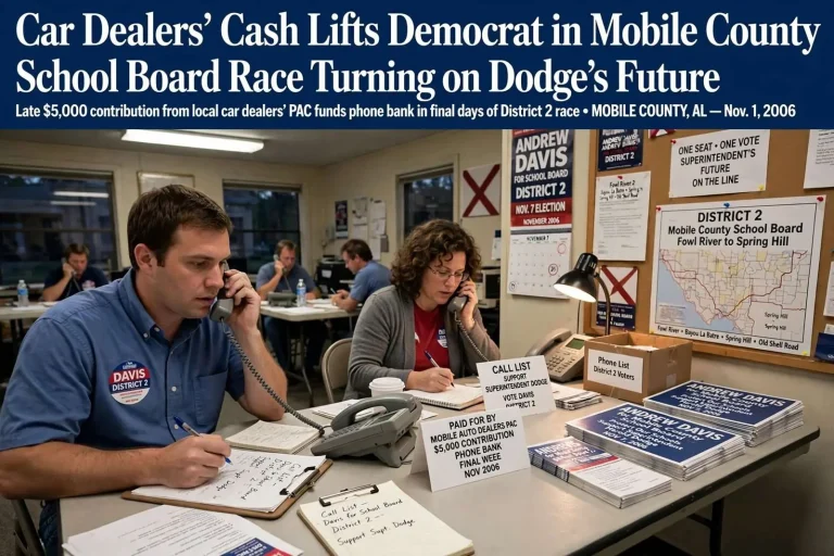 Illustration for the news story: Car Dealers’ Cash Lifts Democrat in Mobile County School Board Race Turning on Dodge’s Future