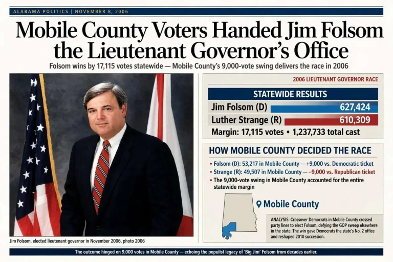 Illustration for the news story: Mobile County Voters Handed Jim Folsom the Lieutenant Governor’s Office