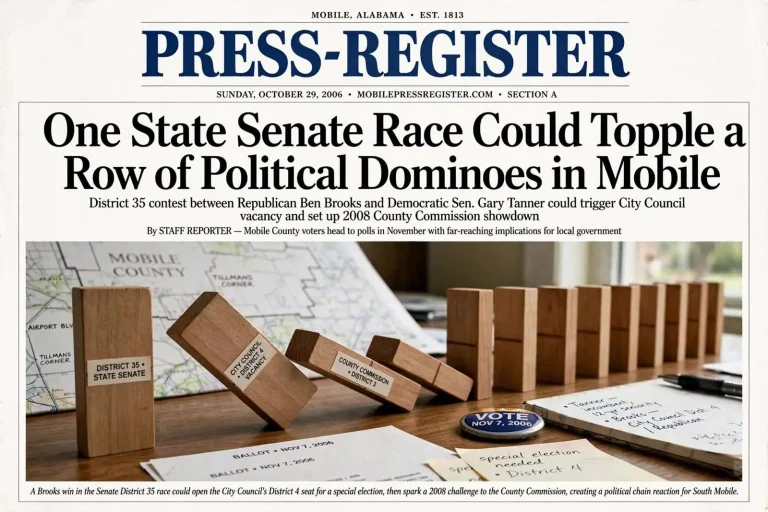Illustration for the news story: One State Senate Race Could Topple a Row of Political Dominoes in Mobile
