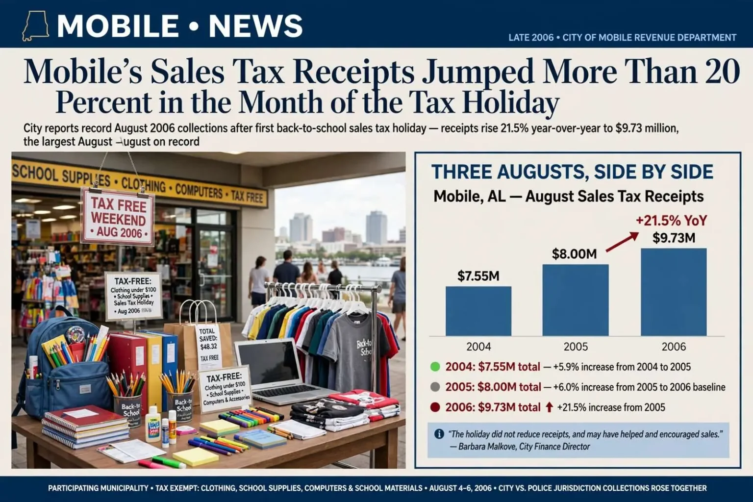 Illustration for the news story: Mobile’s Sales Tax Receipts Jumped More Than 20 Percent in the Month of the Tax Holiday