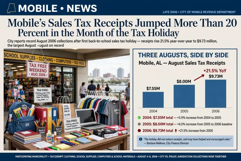 Illustration for the news story: Mobile’s Sales Tax Receipts Jumped More Than 20 Percent in the Month of the Tax Holiday