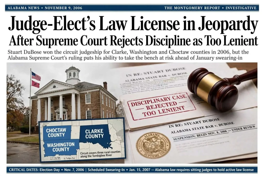 Illustration for the news story: Judge-Elect’s Law License in Jeopardy After Supreme Court Rejects Discipline as Too Lenient