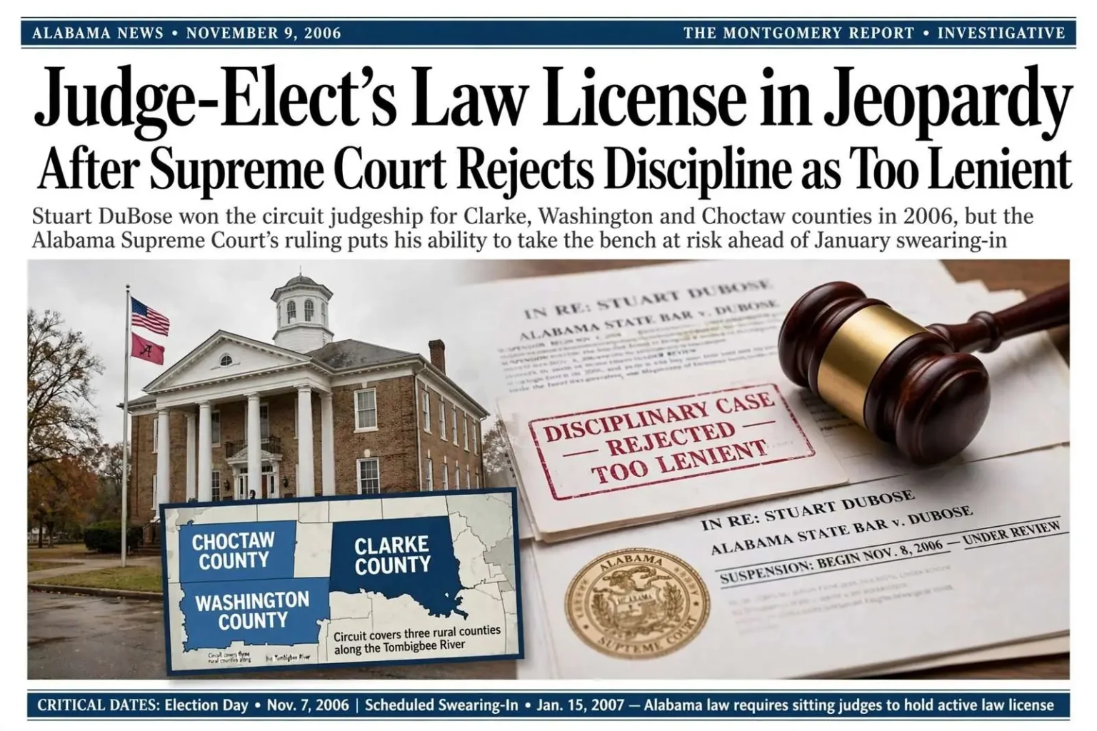 Illustration for the news story: Judge-Elect’s Law License in Jeopardy After Supreme Court Rejects Discipline as Too Lenient